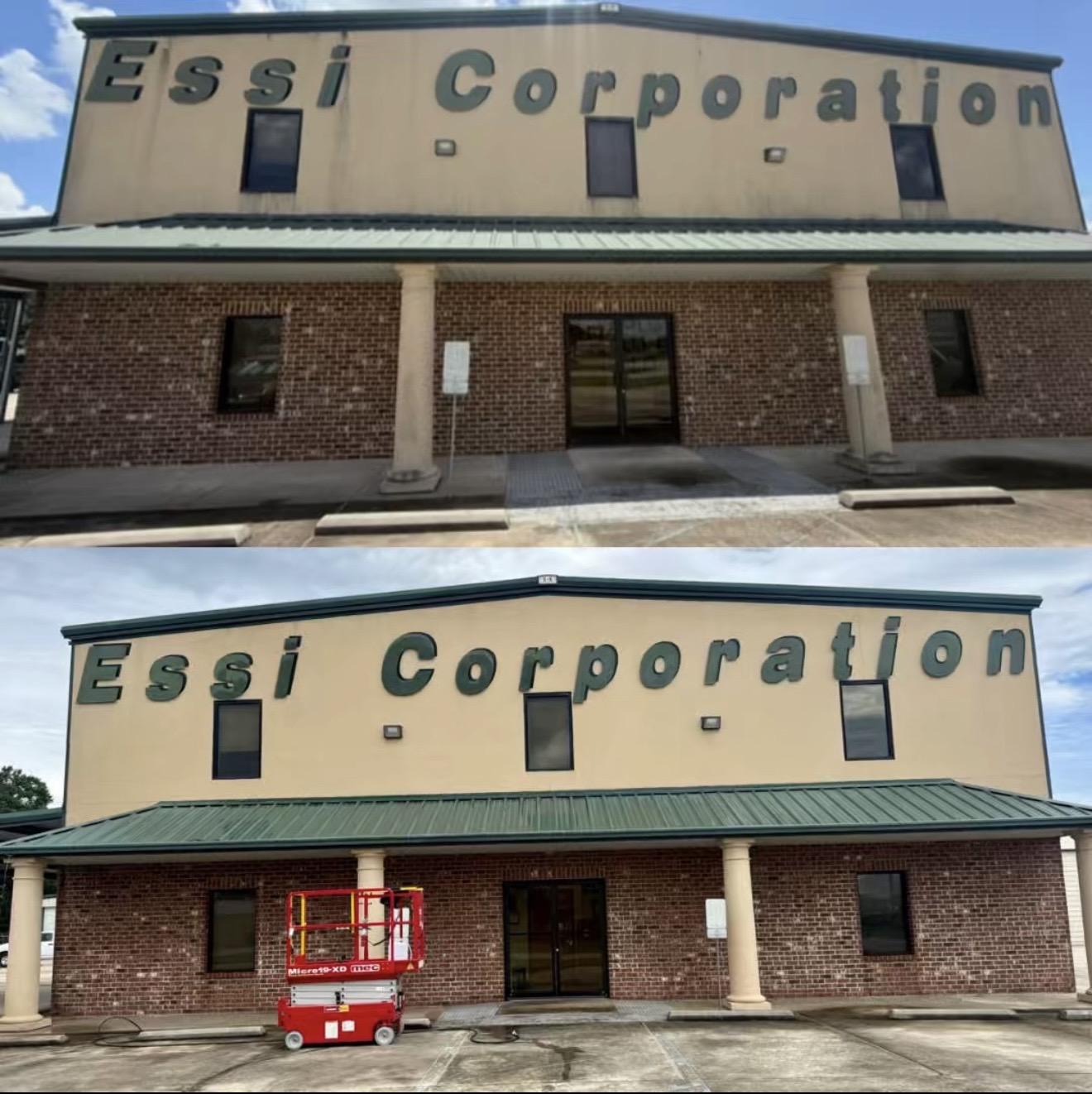 Before and After Commercial Building Washing at Essi Corporation. (Broussard, LA) 